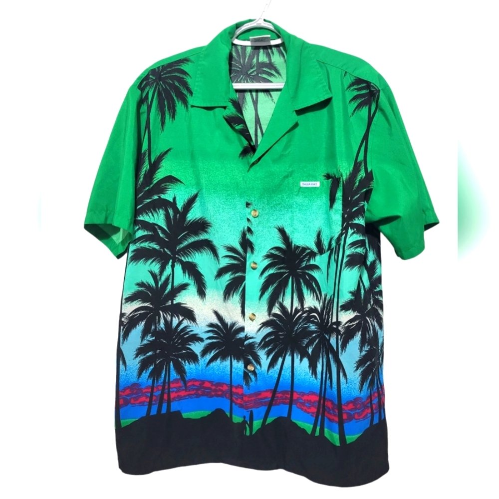 High Seas Resort Wear Tropical  Bahamas Green Palm Tree Button Down Men's Shirt
